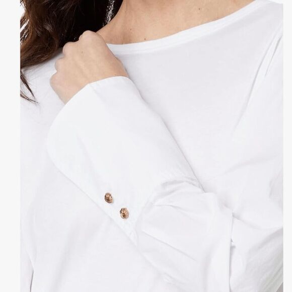 Elliott Lauren White Woven & Knit Cotton Blouse w/ Cuffs Sz M Retails $151 - Picture 11 of 12